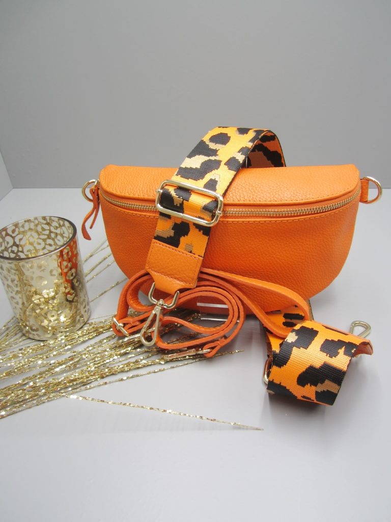 Bauchtasche Handtasche Taschengurt Wechselgurt orange gold Karabiner 25x15cm groß