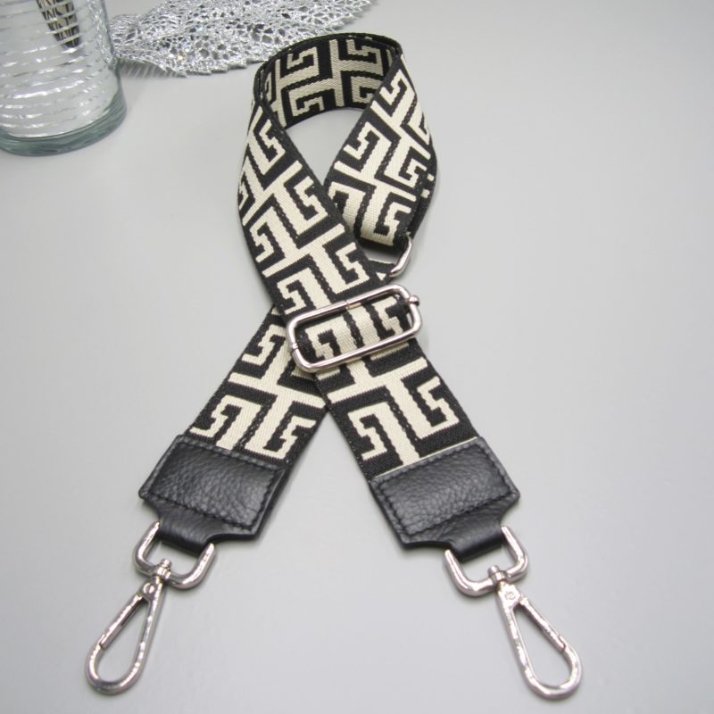 Taschengurt schwarz, Classic Design schwarz beige , Karabiner silber