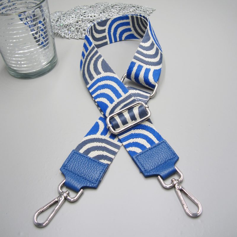 Taschengurt blau , Bogen Design creme königsblau anthrazit , Karabiner silber