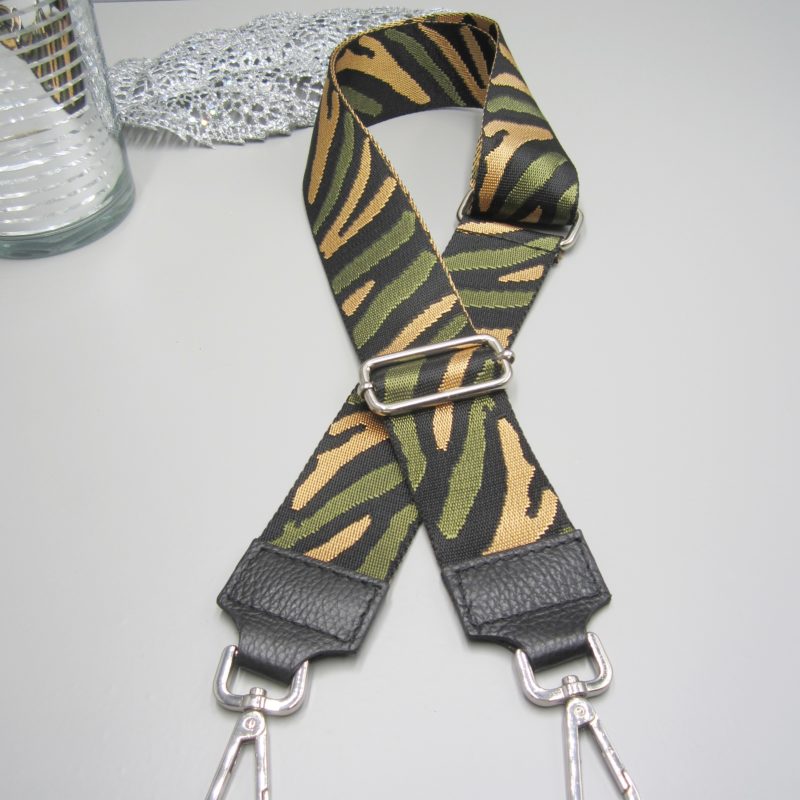 Taschengurt schwarz , Zebra Design schwarz khaki gold , Karabiner silber