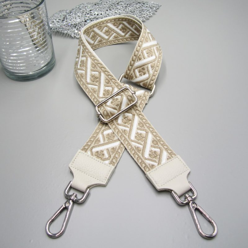 Taschengurt creme , spiral Design beige weiß braun, Karabiner silber