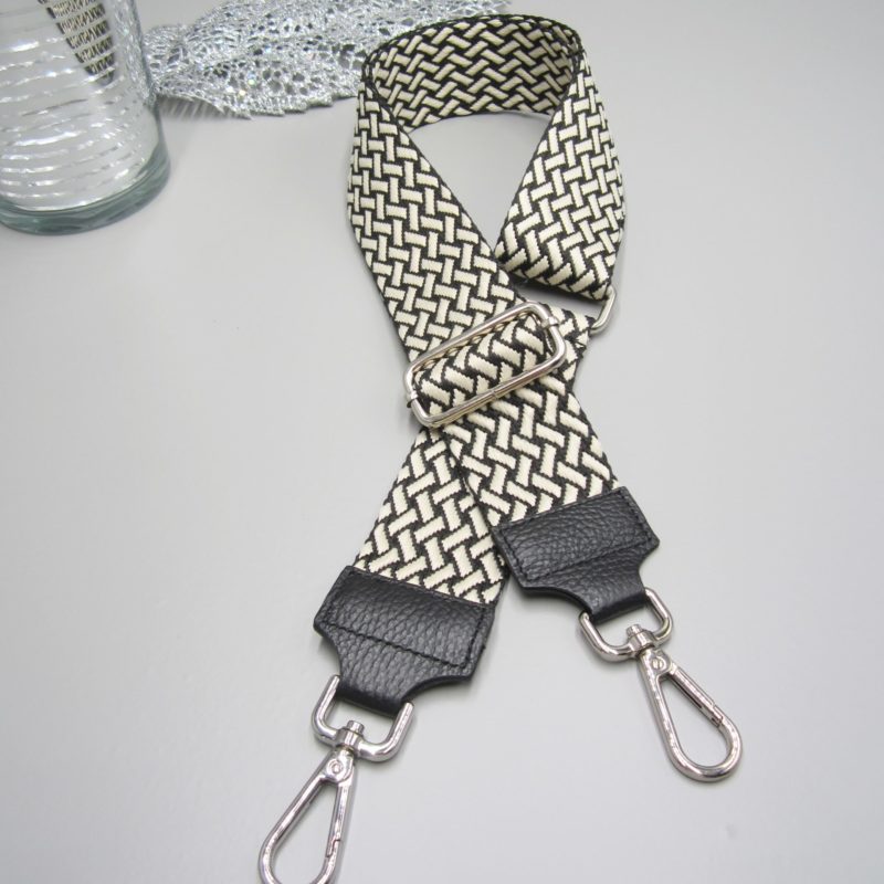 Taschengurt schwarz , Flecht Design schwarz beige, Karabiner silber