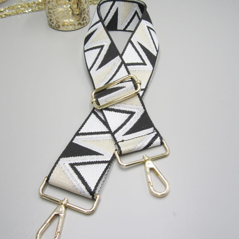 Taschengurt Schultergurt Wechselgurt, universal Gurt Dreieck schwarz weiß beige Karabiner gold