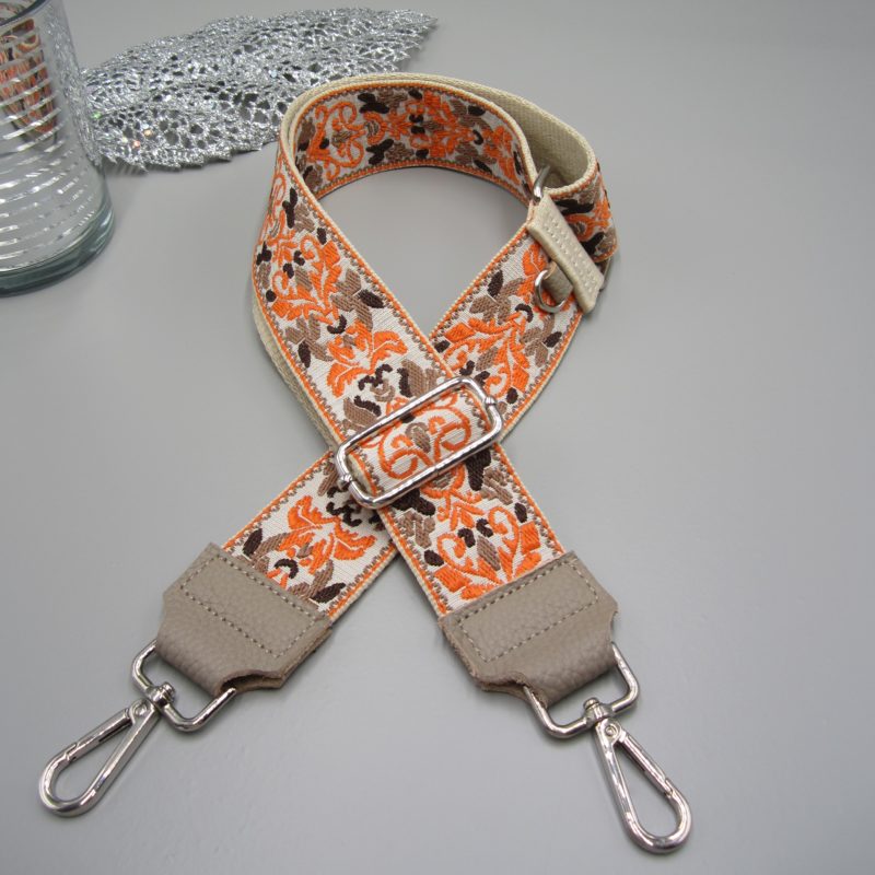 Taschengurt nude braun, Ranken Design orange braun , Karabiner silber, Schultergurt. Schulterriemen