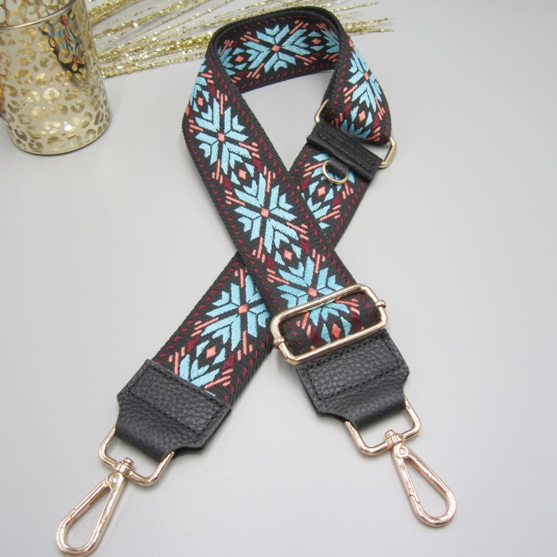 Taschengurt schwarz , Eisblumen Design blau lachs rot, Karabiner gold, Schultergurt, Crossbody Schulterriemen