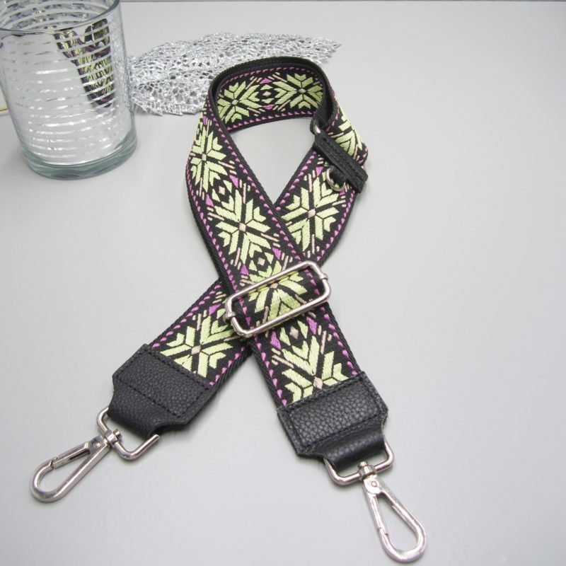 Taschengurt schwarz , Eisblumen neon gelb lila - K/silberTaschengurt schwarz , Eisblumen neon gelb lila, Karabiner silber