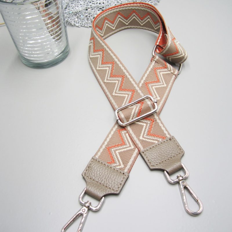 Taschengurt nude braun, Zick Zack nude orange creme , Karabiner silber, Schultergurt Schulterreimen