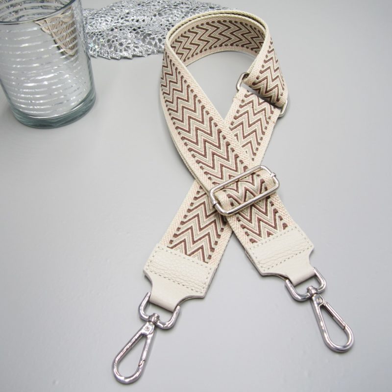 Taschengurt creme - Zick Zack creme-beige, beige braun türkis , Karabiner silber