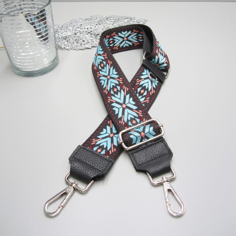 Taschengurt schwarz , Eisblumen neon gelb lila - K/silberTaschengurt schwarz , Eisblumen blau, lach, rot, Karabiner gold