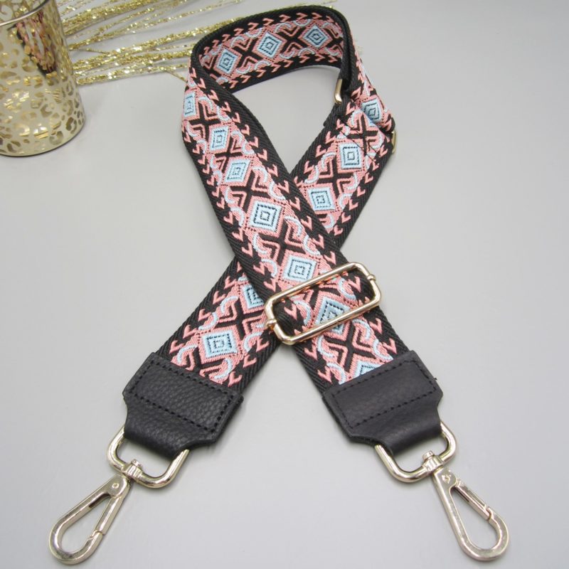 Taschengurt schwarz , Folklore Design blau rosa , Karabiner gold