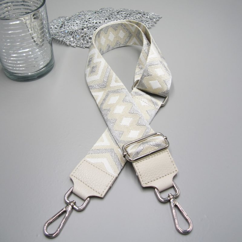 Taschengurt creme - Folklore Design beige silber weiß , Karabiner silber