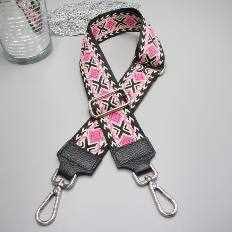 Taschengurt schwarz , Folklore Design pink , Karabiner silber