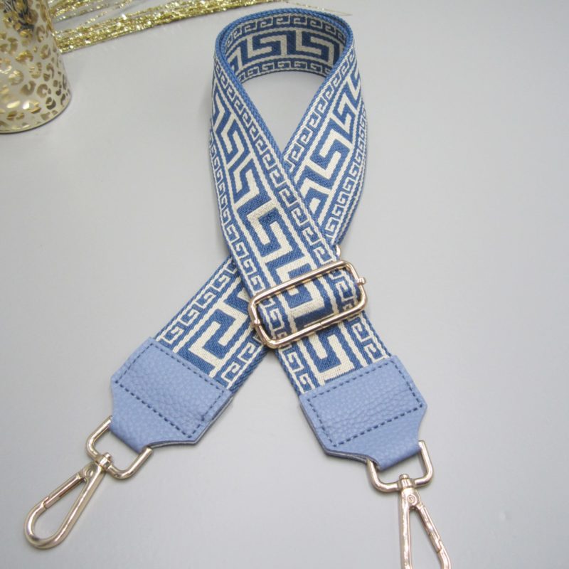 Taschengurt azur blau , Akropolis Design blau weiß , Karabiner gold, Schulterriemen, Schultergurt,