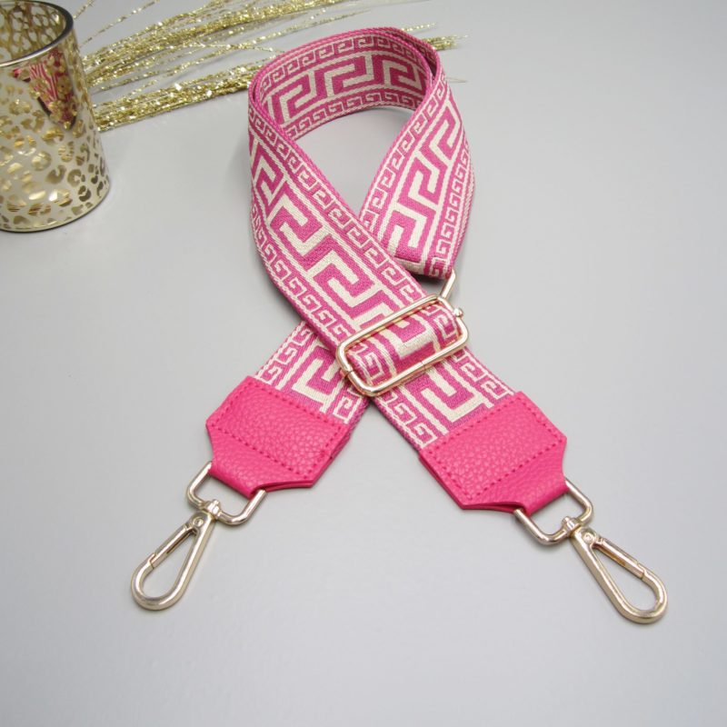 Taschengurt leuchtend pink, Akropolis griechisches Design pink weiß, Karabiner gold, Schultergurt, Schulterriemen
