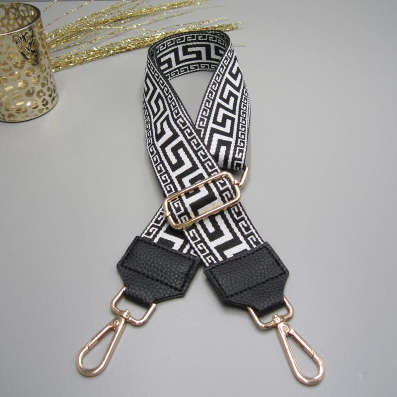 Taschengurt schwarz , Akropolis Design schwarz weiß , Karabiner gold, Schulterriemen, Schultergurt