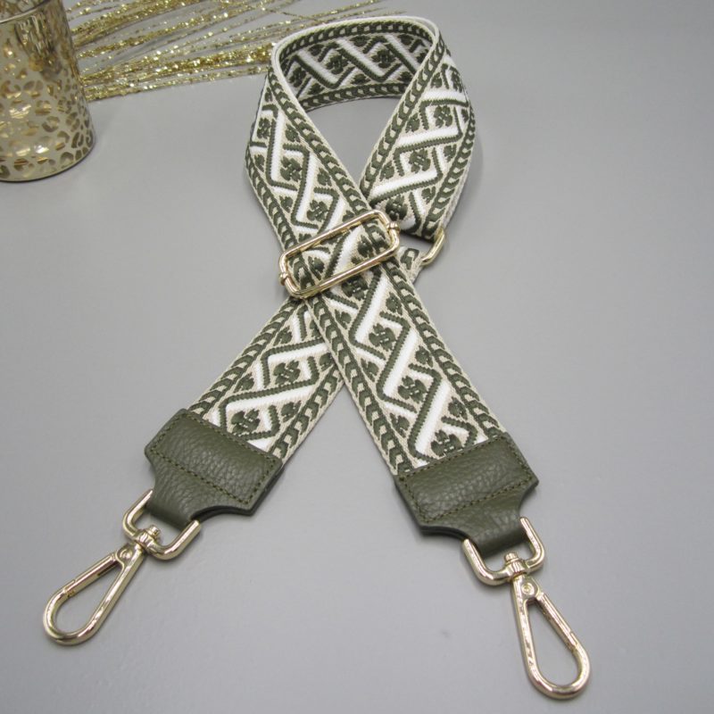 Taschengurt khaki , oliv grün, spiral Design khaki beige weiß, Karabiner gold, Schultergurt, Schulterriemen