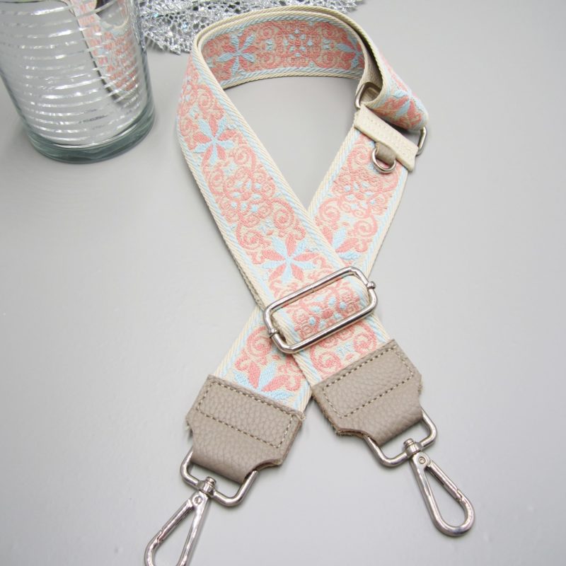 Taschengurt nude braun , Ranken Design beige lachs, Karabiner silber