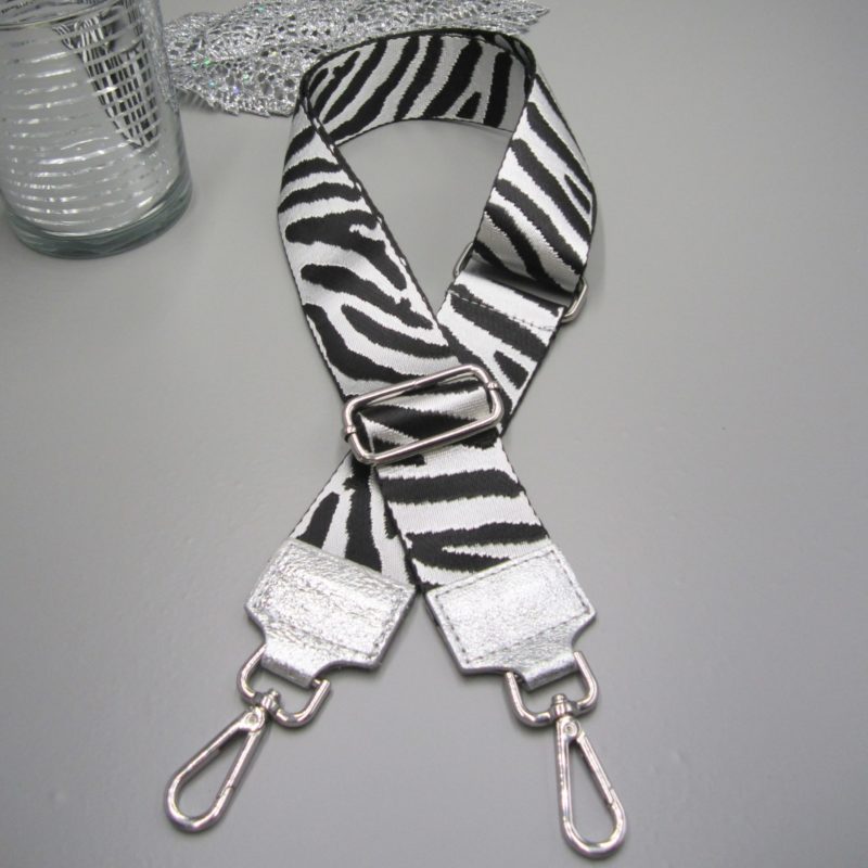 Taschengurt silber , Zebra Design silber schwarz , Karabiner silber