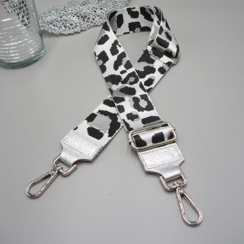 Taschengurt silber , Leo Design silber schwarz , Karabiner silber , Schultergurt Crossbody Handtasche Schulterriemen Leoparden Design Damen Tasche