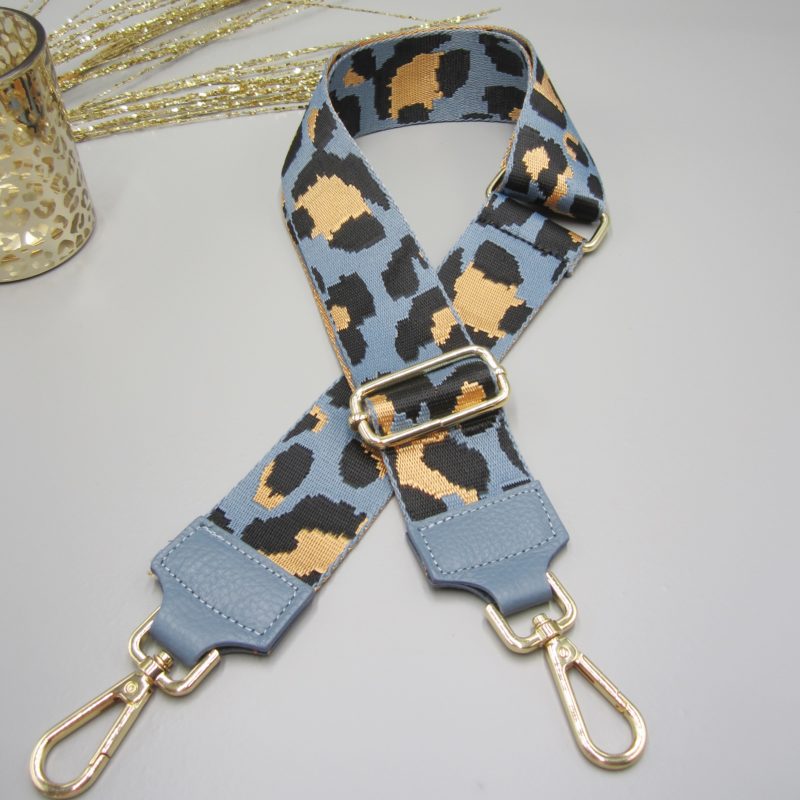 Taschengurt tauben blau , Leo Design jeans blau schwarz , Karabiner gold, Schultergurt Crossbody Tasche, Schulterriemen blau