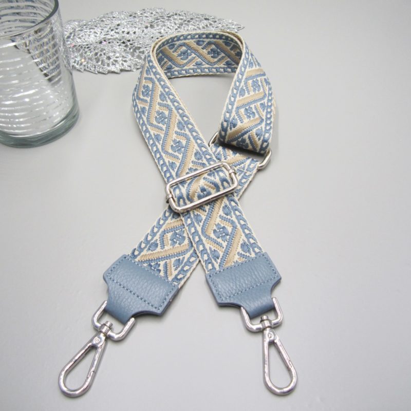 Taschengurt taubenblau , spiral Design jeans blau beige , Karabiner silber