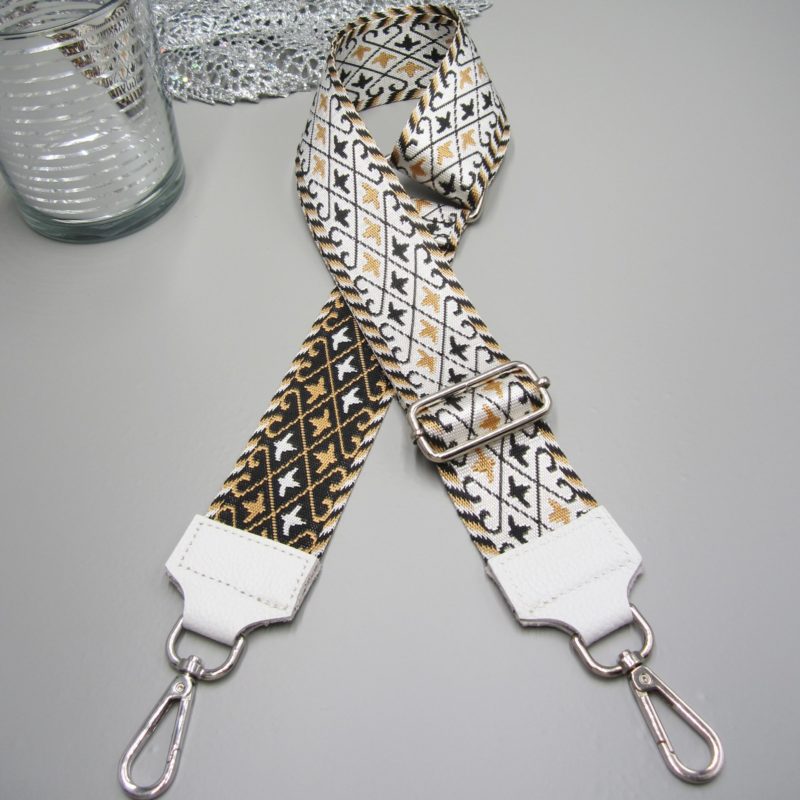 Taschengurt weiß , Fantasie Design weiß schwarz ocker , Karabiner silber, Schulterreimen für Handtaschen, Schultergurt