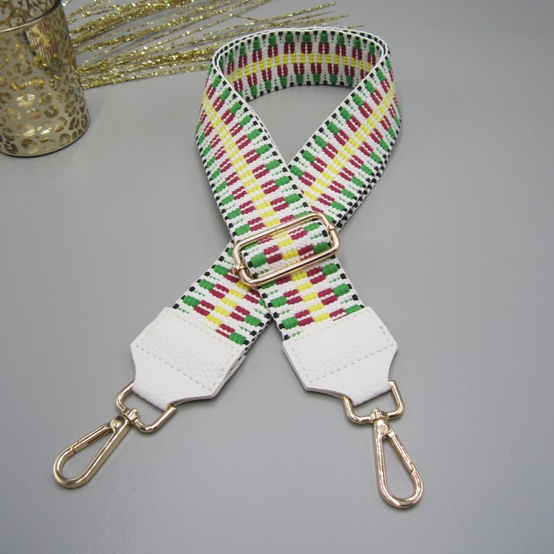 Taschengurt ecru , multicolor Design ecru weiß rot grün gelb, Karabiner gold, Wechselgurt, Schultergurt Crossbody Handtasche, Schulterriemen