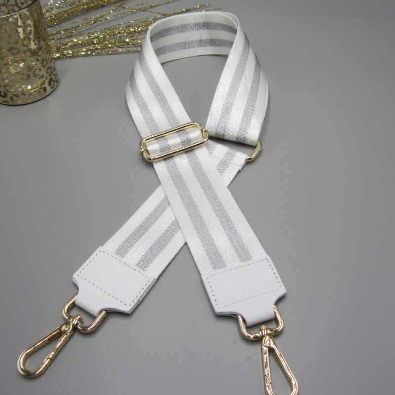 Taschengurt weiß ,silber Streifen Schnee weiß , Karabiner gold, Schluterriemen, Schultergurt
