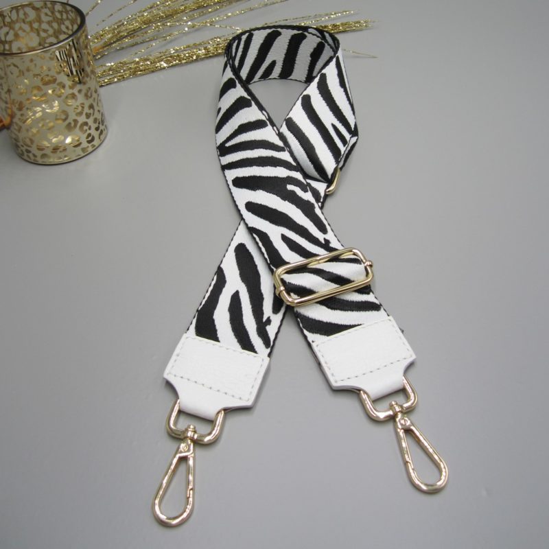 Taschengurt weiß , Zebra Design weiß schwarz , Karabiner gold, Schulterriemen, Crossbody Schultergurt,