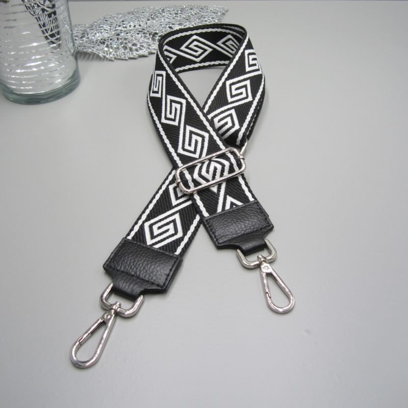 Taschengurt schwarz , endlos Raute schwarz weiß , Karabiner silber