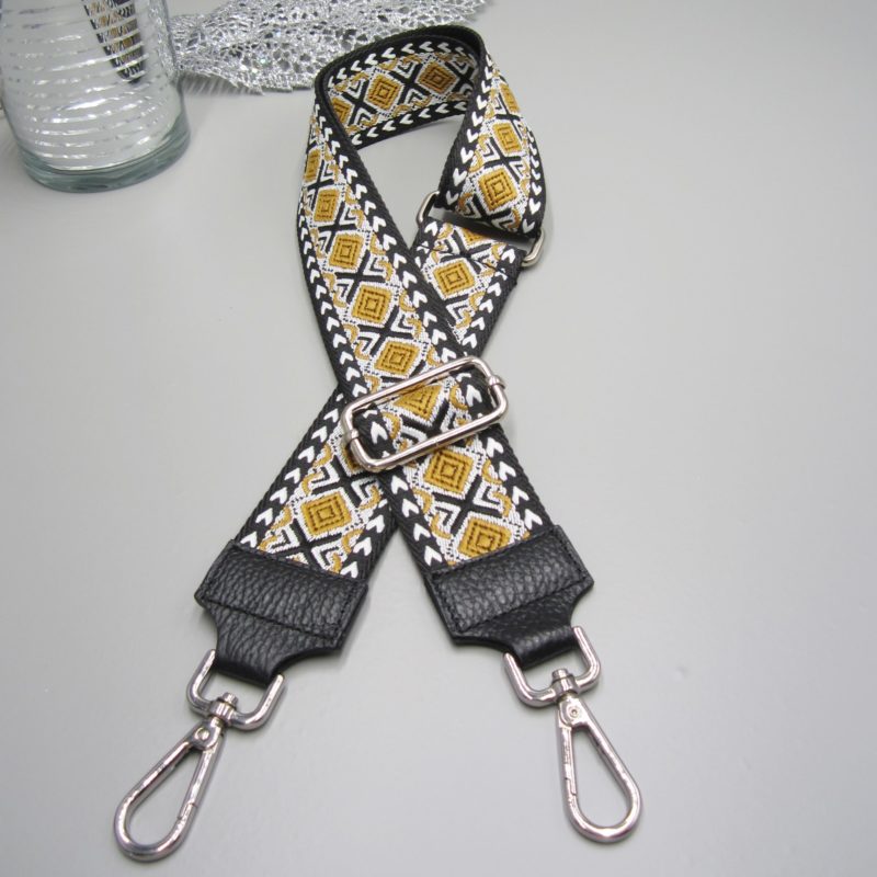 Taschengurt schwarz , Folklore Design ocker , Karabiner silber