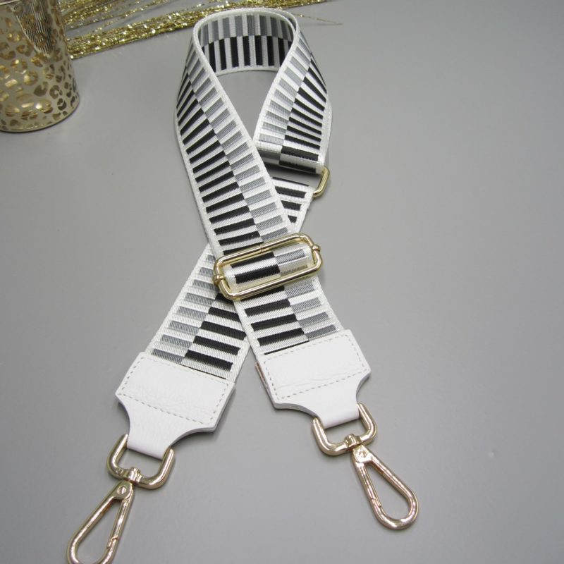 Schultergurt, Schulterriemen Taschengurt weiß , Klavier Design weiß silber schwarz , Karabiner gold