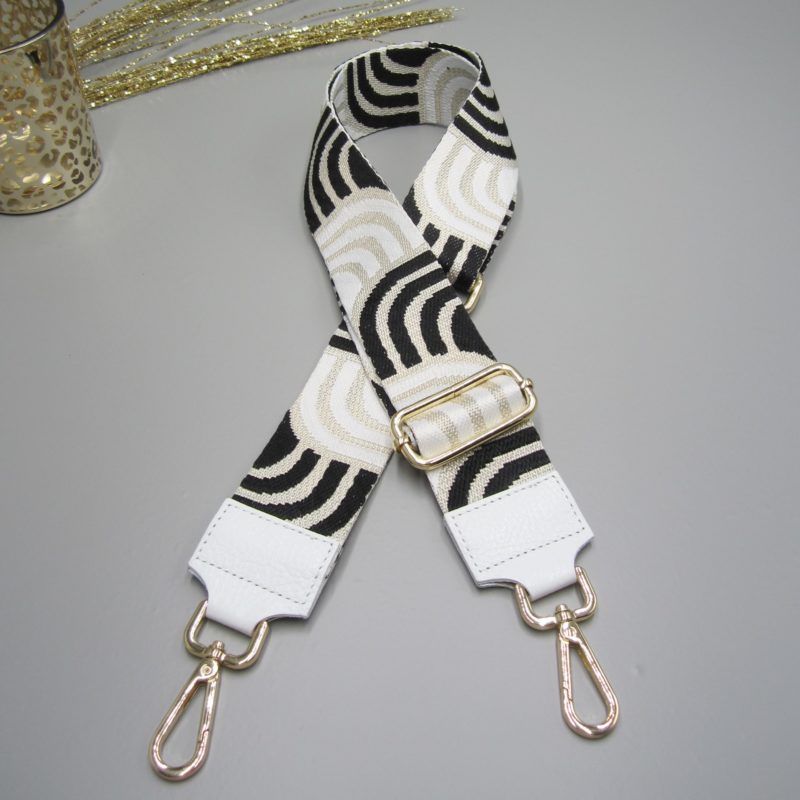 Taschengurt weiß , Bogen Design weiß schwarz , Karabiner gold